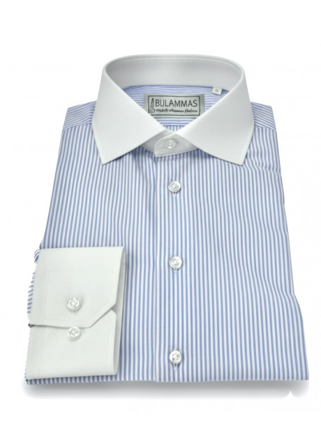 Blue Pinstripe Cotton Shirt with Contrast Collar & Cuffs