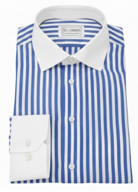 Navy Blue Pinstripe Cotton Shirt with Contrast Collar & Cuffs