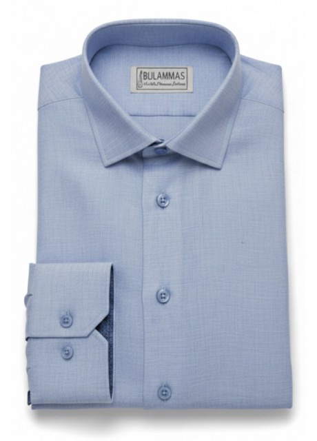 Light Blue Textured Linen Shirt – Contrast Navy Cuffs