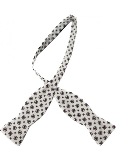 White Cotton Bow Tie - Purple motives