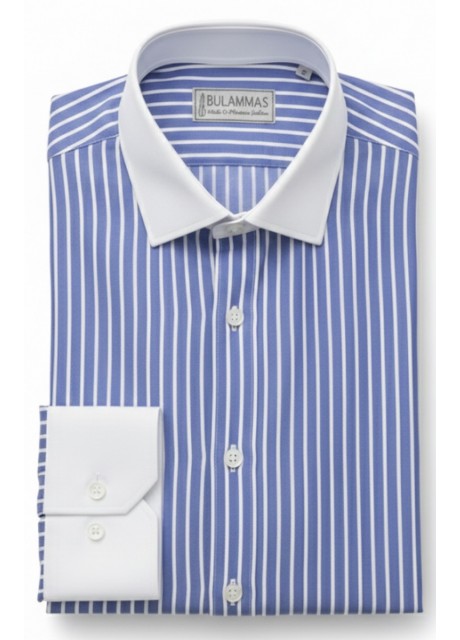 Blue  Stripe Cotton Shirt - white collar and cuffs