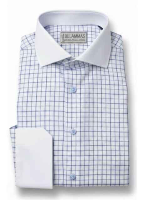 Blue Cotton Oxford Check Shirt - White Collar & Cuffs