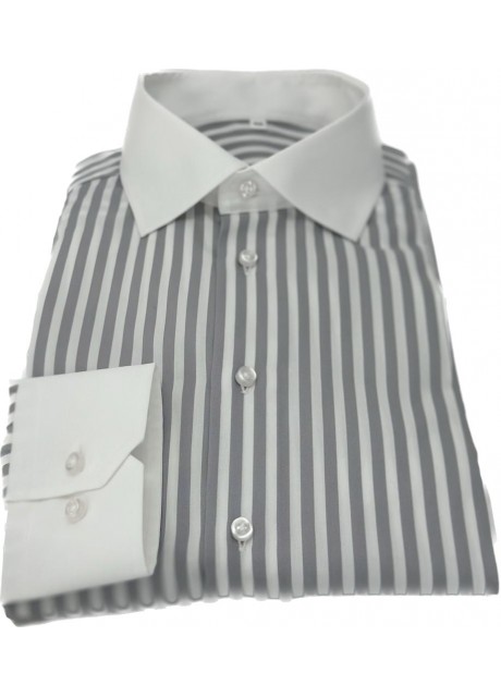 Grey Stripe Cotton Shirt - white collar and cuffs