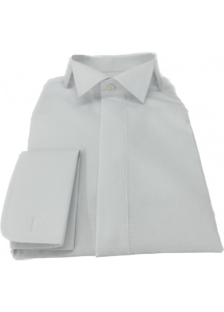 White Cotton Textured Shirt - tuxedo collar   